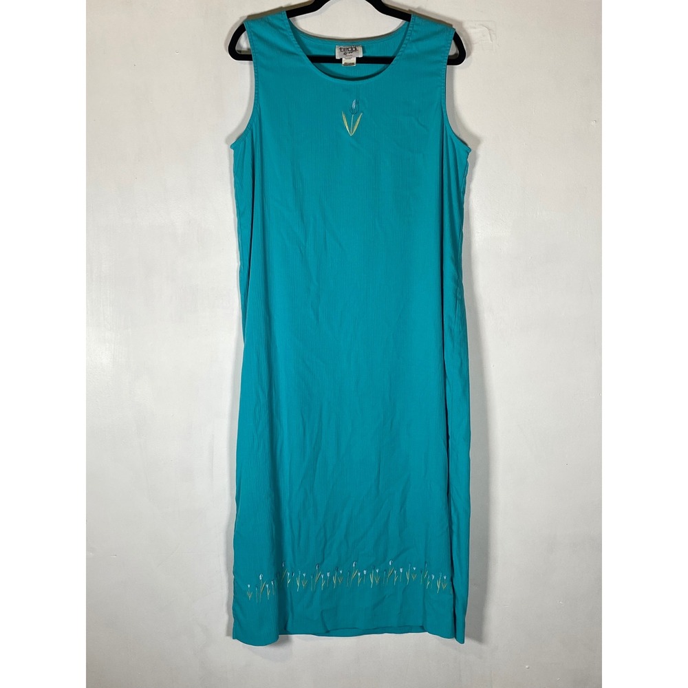Vintage 90s Cottage Embroidered Floral Midi Jumper Dress Teal PXL Modest